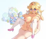  1boy 1girl absurdres blonde_hair blue_eyes blush bowser breasts cleft_of_venus crown earrings endless_inferno geno_(mario) gigantic_breasts girl_on_top gloves high_heels highres jewelry looking_at_viewer mallow_(mario) mario mario_(series) nipples no_penis nude pantyhose pink_footwear princess_peach pussy simple_background size_difference smile spread_legs super_mario_rpg thighhighs uncensored white_background white_gloves white_pantyhose white_thighhighs yoshi 