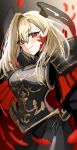  1girl armor black_armor blonde_hair breastplate breasts facial_mark fate/grand_order fate_(series) highres horn/wood horns large_breasts long_hair looking_at_viewer nero_claudius_(fate) pointy_ears queen_draco_(fate) red_eyes smile solo 