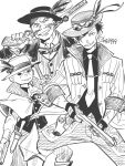  3boys bald batten-chan_(osomatsu-kun) boss_with_education_mother_(osomatsu-kun) cross_scar extra greyscale grin gun hat_feather male_focus monochrome multiple_boys necktie osomatsu-kun popped_collar scar scar_on_face smile tamago_toji tetsu_the_killer_(osomatsu-kun) twitter_username weapon 