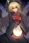  1girl black_dress black_headwear blonde_hair chinese_clothes chinese_commentary closed_mouth dress energy fingernails hair_between_eyes highres junko_(touhou) long_hair long_sleeves looking_at_viewer phoenix_crown red_eyes shishui_guima solo tabard touhou wide_sleeves 
