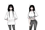  ahoge arm_behind_back arms_behind_back black_hair black_pants blush breasts closed_mouth clothes_pull highres howjin large_breasts long_hair original pants pink_eyes sequential shirt_pull simple_background smile standing white_background yoga_pants 