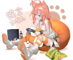  1girl animal_ears asymmetrical_legwear bean_bag_chair black_collar black_shorts blue_eyes blush boots breasts cat_ears cat_girl character_name chips_(food) coca-cola collar commentary controller dualshock food full_body game_console game_controller gamepad hair_bobbles hair_ornament half-closed_eyes highres hinata_channel holding holding_controller holding_game_controller kineshin leaning_forward long_hair looking_ahead loose_clothes loose_shirt low_twintails messy_hair nekomiya_hinata open_mouth orange_thighhighs outstretched_legs pink_hair playstation_4 playstation_controller potato_chips shirt short_shorts shorts sidelocks sitting small_breasts smile soda_bottle solo striped striped_thighhighs tank_top thighhighs tied_shirt twintails virtual_youtuber watch white_background white_tank_top wristwatch 