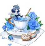  1boy ahoge blanca_(fate) blue_eyes blue_flower blue_rose claws cloak closed_mouth cup dragonfly_wings fate/grand_order fate_(series) flower frown fur-trimmed_cloak fur_trim grey_hair heart-shaped_cookie leaf male_focus mini_person miniboy napkin oberon_(fate) oberon_(third_ascension)_(fate) petals plate rose shirt short_hair simple_background sitting solo spoon teacup weii2021 white_background white_shirt 