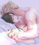  1boy 1girl bed_sheet black_hair blonde_hair blurry blurry_background boy_on_top closed_eyes cloud_strife collarbone commentary_request completely_nude couple earrings final_fantasy final_fantasy_vii goodsign hetero highres holding_hands indoors interlocked_fingers jewelry light_blush long_hair lying nude on_back parted_lips pillow red_lips short_hair spiked_hair stud_earrings sweat swept_bangs tifa_lockhart toned toned_male twitter_username upper_body 