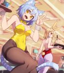  2girls :d animal_ears ass bare_shoulders blonde_hair blurry blurry_background bow bowtie breasts brown_eyes brown_pantyhose cat_ears cat_girl cat_tail collar commentary_request cup depth_of_field detached_collar drink drinking_glass feet_out_of_frame grey_hair grey_pantyhose hair_between_eyes hands_up highres holding holding_tray knife leotard medium_breasts multiple_girls original pantyhose rabbit_ears rabbit_girl rabbit_tail red_eyes red_leotard ryota_tentei smile strapless strapless_leotard striped_tail tail thighband_pantyhose tora_tentei tray v white_collar wing_collar wrist_cuffs yellow_bow yellow_bowtie yellow_leotard 
