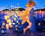  1girl bare_shoulders blue_eyes blush brown_hair city cloud cropped fireworks hair_between_eyes happy highres japanese_clothes kimono long_sleeves looking_at_viewer open_mouth original qooo003 running sidelocks sky smile traditional_clothes water 