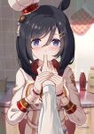  1girl 1other absurdres alternate_costume animal_ears black_hair blue_eyes blurry blurry_background blush commentary_request eishin_flash_(collect_chocolatier)_(umamusume) eishin_flash_(umamusume) finger_to_another&#039;s_mouth hair_between_eyes hair_ornament hairclip hat highres holding_hands horse_ears horse_girl kitchen looking_at_viewer mittens pov pov_hands solo_focus sweat taki_rentaro umamusume 