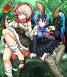  2girls :t absurdres adansosutega aqua_hair asymmetrical_hair bandaged_arm bandaged_leg bandages bird bird_tail black_hair black_skirt blonde_hair blue_hair blurry blurry_background blush boots bow bowtie breasts brown_eyes cassowary center_frills cheek_poking cheek_press creature_and_personification day empty_eyes eyes_visible_through_hair floating_hair food frilled_shirt frilled_skirt frills fur-trimmed_skirt fur_collar fur_trim furrowed_brow gastornis_(kemono_friends) grey_hair hair_between_eyes hair_bobbles hair_ornament hair_over_one_eye hairband high-waist_skirt highres holding holding_food kemono_friends long_hair macaw multicolored_hair multiple_girls one_eye_closed outdoors parrot poking red_hair sandals scarlet_macaw shirt shirt_tucked_in side-by-side skirt sleeveless sleeveless_shirt southern_cassowary_(kemono_friends) tail thigh_boots thighhighs toes wind yellow_eyes zettai_ryouiki 