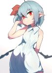  1girl absurdres ahoge bat_wings black_wings blue_hair blush breasts buttons closed_mouth collared_dress commentary_request cowboy_shot dress expressionless hair_between_eyes hair_ribbon hand_in_own_hair highres long_bangs looking_at_viewer low_wings pointy_ears red_eyes red_ribbon remilia_scarlet ribbon short_hair simple_background sleeveless sleeveless_dress slit_pupils small_breasts solo sotatsudraw touhou white_background white_dress wings 