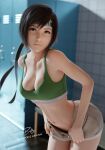  1girl 3d artist_name bare_shoulders bent_over billyhhyb black_hair black_headband blurry blurry_background bra breasts brown_eyes brown_shorts cleavage clothes_pull collarbone commentary cowboy_shot english_commentary final_fantasy final_fantasy_vii final_fantasy_vii_remake forehead_protector from_side green_bra headband highres leaning_forward locker locker_room looking_at_viewer looking_to_the_side medium_breasts midriff navel open_fly patreon_username pulled_by_self short_hair short_shorts shorts shorts_pull signature solo sports_bra swept_bangs thumb_in_beltline tile_floor tile_wall tiles underwear undressing yuffie_kisaragi 