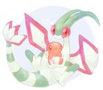  black_eyes bright_pupils claws cross-shaped_pupils flygon heart holding holding_pokemon m_f_t_n no_humans nostrils pokemon pokemon_(creature) red_eyes smile symbol-shaped_pupils trapinch wavy_mouth white_pupils 