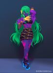  1girl arm_up armpits blonde_hair breasts claws colored_inner_hair cosplay crop_top evelynn_(league_of_legends) evelynn_(league_of_legends)_(cosplay) full_body fur_trim glowing_clothes green_eyes green_hair hololive hololive_indonesia k/da_(league_of_legends) k/da_evelynn large_breasts long_hair looking_at_viewer moona_hoshinova motor_vehicle multicolored_hair re_(re_09) shoes skirt solo standing tattoo two-tone_hair virtual_youtuber 