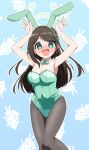  1girl :d @_@ absurdres airi_(blue_archive) animal_ears armpits arms_up bare_shoulders black_pantyhose blue_archive blush bow bowtie breasts brown_hair cleavage commentary_request covered_navel detached_collar fake_animal_ears feet_out_of_frame food-themed_hair_ornament green_bow green_bowtie green_eyes green_halo green_leotard hair_ornament halo highres ice_cream_hair_ornament leotard long_hair looking_at_viewer nose_blush open_mouth oversized_breast_cup pantyhose playboy_bunny rabbit_ears rabbit_pose small_breasts smile solo strapless strapless_leotard unadon_(unadoom) 
