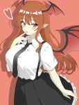  1girl bat_wings black_necktie black_skirt breasts collared_shirt commentary frilled_skirt frills head_wings heart highres koakuma large_breasts long_hair multiple_wings necktie one-hour_drawing_challenge pointy_ears red_background red_eyes red_hair red_nails shirokumall shirt short_sleeves simple_background skirt solo touhou white_shirt wings 