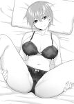  1girl bed_sheet bow bow_bra bow_panties bra breasts closed_mouth collarbone from_above go-toubun_no_hanayome greyscale groin hands_on_own_thighs highres kosmos_beta lace lace_bra lace_panties large_breasts looking_at_viewer lying monochrome nakano_ichika navel on_back panties pillow short_hair solo spread_legs thighs underwear underwear_only 
