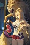  1girl absurdres animal_ears arknights black_collar blonde_hair breasts candy chain-link_fence cleavage collar fence food fur-trimmed_shorts fur_trim highres large_breasts lion lion_ears lion_girl lion_tail lollipop long_hair meat open_mouth rasipan red_shorts shorts siege_(arknights) tail tank_top teeth white_tank_top yellow_eyes 