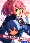  1girl ahoge akane_kazami anniversary blue_hair dated doll double-parted_bangs eiyuu_densetsu english_text green_eyes hair_between_eyes highres holding holding_stuffed_toy holding_toy jacket juna_crawford kurt_vander sen_no_kiseki sen_no_kiseki_iii smile sparkle sparkle_background stuffed_toy thors_military_academy_branch_campus_uniform toy v 