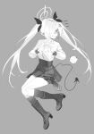  1girl absurdres anger_vein arona&#039;s_sensei_doodle_(blue_archive) blue_archive blush boots clenched_hand collared_shirt full_body greyscale hair_over_one_eye hair_ribbon halo highres iori_(blue_archive) knee_boots kneeling long_hair long_sleeves monochrome pleated_skirt pointy_ears ribbon sensei_(blue_archive) shirt simple_background skirt smile sweat tail tears twintails very_long_hair zippo_(2387576974) 