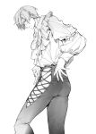 1boy ass frilled_shirt frills greyscale highres humidifier_xd leon_s._kennedy looking_at_viewer looking_back male_focus monochrome official_alternate_costume pants resident_evil resident_evil_4 resident_evil_4_(remake) shirt short_hair side-tie_legwear sketch solo standing white_background 