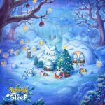  abomasnow candle christmas christmas_tree copyright_name delibird gift igloo logo no_humans official_art ornament pikachu poke_ball poke_ball_(basic) pokemon pokemon_(creature) pokemon_sleep promotional_art scenery sleeping snorlax snover snow snow_shelter snowman star_ornament tree 