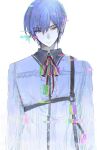  1boy 25-ji_kaito 25-ji_nightcord_de._(project_sekai) arms_at_sides blue_eyes blue_hair buttons closed_mouth collared_shirt commentary glitch harness highres kaito_(vocaloid) long_sleeves looking_at_viewer male_focus neck_ribbon project_sekai red_ribbon ribbon shirt short_hair solo toupou39 vocaloid white_background 