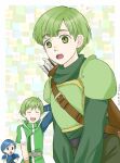  3boys :o arm_behind_head armor arrow_(projectile) blue_armor blue_hair brothers castor_(fire_emblem) closed_eyes fire_emblem fire_emblem:_mystery_of_the_emblem fire_emblem:_new_mystery_of_the_emblem gordin_(fire_emblem) green_armor green_eyes green_hair looking_at_viewer miisa multiple_boys open_mouth quiver ryan_(fire_emblem) siblings 