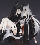  2girls animal_ear_fluff animal_ears arknights arm_rest artist_name bandeau bare_legs black_capelet black_footwear black_gloves black_hair black_jacket black_nails black_outline black_shorts bleeding blood blood_on_arm blood_on_chest blood_on_clothes blood_on_ground blood_on_hands blood_on_leg blood_on_mouth boots breasts brown_pantyhose capelet carrying carrying_person closed_eyes closed_mouth collared_capelet collared_jacket colored_inner_hair commentary_request expressionless facing_another fingerless_gloves fingernails foot_out_of_frame from_side full_body gloves grey_background grey_hair hair_between_eyes hair_ornament hairclip hand_on_another&#039;s_leg hand_on_another&#039;s_shoulder hand_on_another&#039;s_thigh hands_up head_rest heel_up high_collar highres injury invisible_floor itonatsu jacket kneeling lappland_(arknights) layered_sleeves long_hair long_sleeves looking_at_viewer looking_to_the_side medium_breasts messy_hair multicolored_hair multiple_girls nail_polish on_one_knee open_clothes open_jacket oripathy_lesion_(arknights) outline pale_skin pantyhose princess_carry profile red_hair scar scar_across_eye scar_on_face shadow short_over_long_sleeves short_shorts short_sleeves shorts sidelocks sideways_glance signature simple_background tail texas_(arknights) thigh_strap thighs torn torn_clothes torn_sleeve two-tone_hair unconscious white_bandeau white_gloves white_jacket wide_sleeves wolf_ears wolf_girl wolf_tail yellow_eyes 