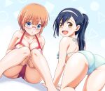  2girls all_fours ass bikini blue_bikini blue_eyes blue_hair bokutachi_wa_benkyou_ga_dekinai breasts commentary_request commission dutch_angle frilled_bikini frills furuhashi_fumino glasses hairband halterneck hugging_own_legs looking_at_viewer looking_back medium_breasts mole mole_under_eye multiple_girls ogata_rizu open_mouth orange_hair parted_lips partial_commentary ponytail red_bikini rimless_eyewear short_hair sitting skeb_commission smile swimsuit vierosky white_hairband yellow_eyes 