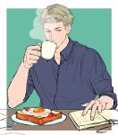  1boy bacon blonde_hair blue_shirt book bread brown_eyes coffee_mug collared_shirt cup drinking food fried_egg highres holding holding_cup jujutsu_kaisen looking_at_viewer male_focus mug nanami_kento open_book plate sano_maru shirt short_hair sitting solo upper_body 