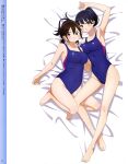  2girls absurdres armpits black_hair boku_no_kokoro_no_yabai_yatsu breast_press breasts brown_hair competition_swimsuit covered_navel hara_honoka highres large_breasts long_hair looking_at_viewer magazine_scan megami_magazine mole mole_on_neck mole_on_thigh multiple_girls official_art one-piece_swimsuit plump ponytail scan short_twintails swimsuit thighs twintails yamada_anna 