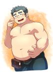  1boy =_= bara belly belly_grab blush character_request chest_hair crave_saga cropped_legs facial_hair fat fat_man finger_to_cheek glasses green_hair hand_up large_pectorals long_sideburns male_focus mature_male muscular muscular_male mustache navel_hair nipples pants pectorals round_eyewear short_hair shy sideburns solo stomach stubble sweatdrop thick_eyebrows thick_thighs thighs weight_conscious yowaifish 