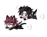  2boys animal_ears annoyed armor black_footwear black_fur black_gloves black_hair black_pants black_suit boots cat_ears cat_tail chibi dog_boy dog_ears dog_tail earrings eyewear_on_head facial_mark final_fantasy final_fantasy_vii fingerless_gloves gloves goggles goggles_on_head green_eyes happy jewelry large_belt leather_belt long_hair male_focus messy_hair multiple_boys open_mouth pants pauldrons ponytail red_hair reno_(ff7) short_hair shoulder_armor smile suit tail ttnoooo zack_fair 