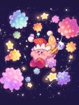  :d beam_kirby blue_eyes blush blush_stickers candy commentary_request copy_ability food glint harukui hat highres holding holding_wand jester_cap kirby kirby_(series) konpeitou looking_at_viewer no_humans open_mouth orange_headwear pom_pom_(clothes) red_headwear sky smile solo space sparkle star_(sky) star_(symbol) starry_sky two-tone_headwear wand 