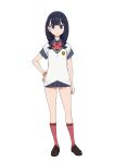  1girl black_hair black_skirt blue_eyes bow bowtie breasts cardigan closed_mouth expressionless frown full_body gridman_universe gridman_universe_(film) hand_on_own_hip highres long_bangs long_hair looking_at_viewer microskirt official_alternate_costume orange_scrunchie pleated_skirt red_bow red_bowtie red_socks school_uniform scrunchie shirt skirt socks solo ssss.gridman sweater takarada_rikka thighs white_background white_cardigan white_sweater wrist_scrunchie yoshi_(moco1) 