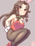  1girl animal_ears antenna_hair blush breasts brown_eyes brown_hair brown_pantyhose covered_navel detached_collar fake_animal_ears jintsuu_(kancolle) kanon_(kurogane_knights) kantai_collection leotard long_hair looking_at_viewer medium_breasts one-hour_drawing_challenge open_mouth pantyhose playboy_bunny rabbit_ears rabbit_tail red_leotard ribbon solo strapless strapless_leotard sweatdrop tail wrist_cuffs 