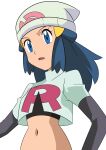  1girl beanie blue_eyes commentary_request cosplay cropped_jacket dawn_(pokemon) elbow_gloves eyelashes gloves hainchu hair_ornament hairclip hat highres jacket jessie_(pokemon) jessie_(pokemon)_(cosplay) logo long_hair looking_down navel open_mouth pokemon pokemon_(anime) pokemon_dppt_(anime) shirt sidelocks simple_background solo sweatdrop team_rocket team_rocket_uniform upper_body white_background 