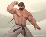  1boy abs absurdres armpit_peek bara beard biceps facial_hair feet_out_of_frame flexing headband highres large_pectorals legs_apart looking_to_the_side male_focus martial_arts_belt mature_male mr_samoye muscular muscular_male mustache navel nipples pectorals red_headband ryu_(street_fighter) short_hair solo street_fighter street_fighter_6 strongman_waist thick_eyebrows topless_male 