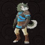  accessory anthro belt canid canine canis clothing ear_piercing ear_ring gear gloves grey_face handwear hi_res humanoid link link_(wolf_form) male mammal nintendo pattern_background piercing ring_piercing simple_background solo solo_focus tail the_legend_of_zelda vaggo wolf 