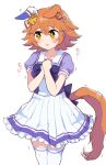  +_+ 1girl animal_ears blush clover_hair_ornament cowboy_shot daruma_doll ear_covers ears_down flipped_hair hair_ornament hands_on_own_chest highres horse_ears horse_girl horse_tail matikanefukukitaru_(umamusume) orange_hair parted_lips petticoat pleated_skirt puffy_short_sleeves puffy_sleeves purple_shirt school_uniform shirt short_hair short_sleeves simoyuki simple_background single_ear_cover skirt solo tail thighhighs tracen_school_uniform umamusume white_background white_thighhighs 