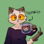  1:1 anthro brown_body brown_fur clothed clothing deranged digital_media_(artwork) domestic_cat felid feline felis female fur holding_mug holding_object humanoid madeline_mug mammal mug shaded simple_background smile solo tail text thegunkster white_body white_fur yellow_eyes 