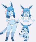  4_fingers 4_toes accessory anthro bangs bikini bikini_top blue_body blue_ears blue_eyes blue_hair blue_skin bodily_fluids breasts clothing collarbone eeveelution eye_rub eyelashes feet female feral fingers first_person_view fist frilly frilly_clothing frilly_underwear generation_4_pokemon glaceon hair hair_accessory hand_holding hi_res liteee navel nintendo open_mouth pokemon pokemon_(species) solo sweat sweatdrop swimwear tail timid toes wave wide_hips 