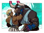  2boys ancient_greek_clothes asterius_(hades) blonde_hair closed_eyes dark-skinned_male dark_skin furry furry_male furry_with_non-furry hades_(series) hades_1 hands_on_another&#039;s_face heart interspecies laurel_crown male_focus minotaur multiple_boys muscular muscular_male nose_piercing nose_ring open_mouth piercing size_difference smile tench theseus_(hades) yaoi 