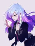  1girl absurdres blue_hair cerejeira_elron facial_tattoo fate/grand_order fate_(series) gradient_hair green_eyes highres jyaihima light_smile long_hair multicolored_hair nail_polish necktie one_eye_covered purple_hair purple_lips purple_nails red_necktie simple_background solo star_(symbol) tattoo upper_body 