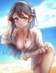  1girl beach black_hair blush bow bow_hairband breasts brown_eyes brown_hair cleavage closed_mouth cloud cloudy_sky collarbone covered_nipples day feet_out_of_frame hair_between_eyes hair_bow hair_ornament hairband hairclip hand_in_own_hair hand_up hanging_breasts haruna_(kancolle) highres hood hood_down hooded_jacket jacket kantai_collection large_breasts leaning_forward legs_together long_hair looking_at_viewer no_bra nuka_(nvkka) ocean off_shoulder outdoors partially_unzipped sarong single_bare_shoulder sky smile solo standing straight_hair sunlight swept_bangs unzipping water white_bow white_hair white_jacket white_sarong 