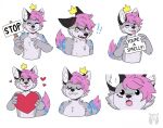  &lt;3 2019 :o angry black_ears black_nose blep blue_body blue_fur blue_tail blush canid canine chest_tuft crown exclamation_point fleur fox fur gesture grey_body grey_fur grey_tail hair headgear inner_ear_fluff kusafox mammal monotone_ears monotone_hair multi_tone_fur multi_tone_tail multiple_images open_mouth pawpads pink_hair pink_pawpads pink_tail pointing simple_background smug solo sticker_pack tail tongue tongue_out tuft watermark white_background white_body white_fur yellow_eyes 