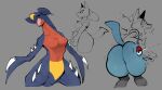  absurd_res ambiguous_gender anthro blue_body breasts butt canid canine garchomp generation_4_pokemon goonie-san grey_background hi_res lucario mammal nintendo pokeball pokemon pokemon_(species) sharp_teeth simple_background teeth 