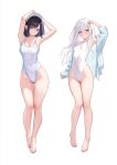  2girls armpits arms_up bare_arms bare_shoulders black_hair breasts cleavage covered_navel highleg highleg_swimsuit highres large_breasts long_hair long_sleeves looking_at_viewer maid_headdress mignon multiple_girls off_shoulder one-piece_swimsuit original purple_eyes short_hair simple_background small_breasts swimsuit thighs white_background white_hair white_headwear white_one-piece_swimsuit 