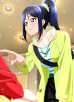  1girl absurdres artist_name black_skirt blue_hair coat commentary_request dark_blue_hair green_coat hair_ornament hair_scrunchie highres indoors isami_don jewelry leaning_forward long_hair long_sleeves love_live! love_live!_sunshine!! love_live!_sunshine!!_the_school_idol_movie_over_the_rainbow matsuura_kanan necklace open_clothes open_coat pointing ponytail purple_eyes red_coat scarf scrunchie shell_necklace shirt skirt solo_focus striped striped_shirt upper_body white_scarf 