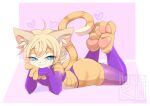  clothing felid feline legwear looking_at_viewer lying_on_ground mammal pawpads simple_background sora_(tehkey) thigh_highs vadimkadno 