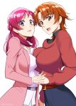  2girls asymmetrical_docking breast_press breasts brown_eyes brown_hair commentary_request from_side highres hirogaru_sky!_precure holding_hands interlocked_fingers jacket kibou_no_chikara_~otona_precure_&#039;23~ large_breasts long_hair long_sleeves looking_at_viewer looking_to_the_side mattari_yufi multiple_girls natsuki_rin open_mouth pink_hair pink_jacket precure purple_eyes red_sweater shirt simple_background sweater twitter_username white_background white_shirt yes!_precure_5 yumehara_nozomi 